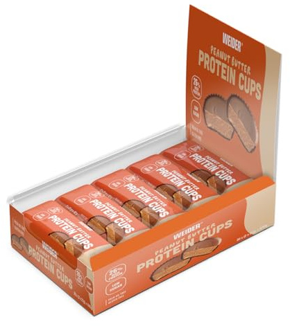 Weider Protein Cups Peanut Butter (20x42g) Tartaletas con alto de contenido de proteínas y Bajo en Azúcar, con cobertura de Chocolate, Sin gluten (20 sobres de 2 tartaletas)