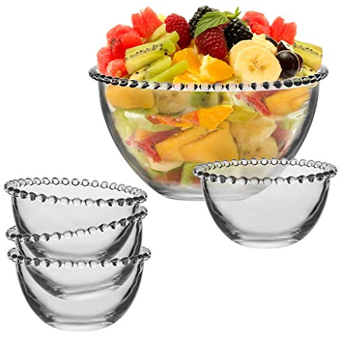 Dibor 4 Beaded Glass Dessert Breakfast Serving Bowls & Large Serving Bowl | Breakfast Bowls, Dessert Bowls, Bowl Set, Serveware, Glass Crockery, Beaded Edge, Bella Perle