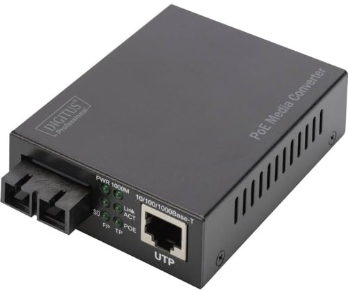 DIGITUS Medienkonverter - MM - Gbit Ethernet - RJ45 / SC - 850nm Wellenlänge - Bis 0.5km - Mit PoE-Injektor - Schwarz, Multimode