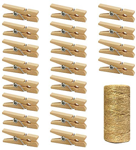 Mini Wooden Clothespins With Jute Twine, 250pcs, 1 Inch Photo Paper Peg Pin Craft Clips With 66ft Natural Twine for Scrapbooking, Arts & Crafts, Hanging Photos (Natural Color)