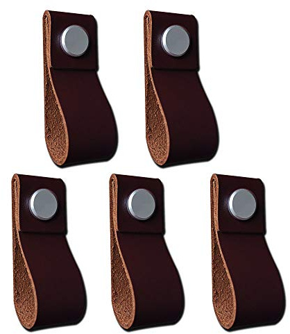 POFET 5 Stück handgefertigte Lederschrank Türgriff zieht Knopf Kommode Schublade Türgriff Küche zieht Knopf - Dunkelbraun, 78x23mmm - Braun