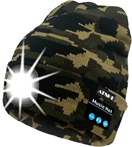 ATNKE LED Bluetooth Bonnet Lumineux, Rechargeable USB Rechargeable Musical Running Chapeau Ultra Lumineux 4 LED Lampe Étanche Utilisation De La Lumière pour Ski Randonnée Camping/Camouflage Army Green