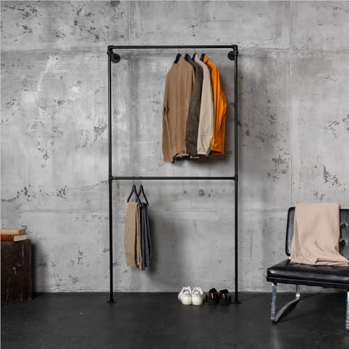 RSR Hangers Kleiderstange Garderobe Kleiderschrank Industrial Design für die Wand | Höhe 210 cm x Breite 105 cm | Schwarz | Wandmontage | Garderobenstange | Ankleidezimmer | begehbarer Kleiderschrank