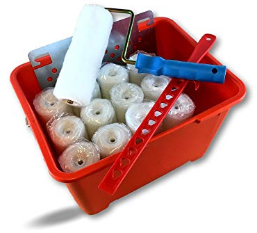 Ensemble à peindre complet | 13 rouleaux polyester poils longs alésage 8 mm | Monture courte | Seau 14 litres | Mélangeur plastique | Grille essorage acier galvanisé | Kibros SO1412C