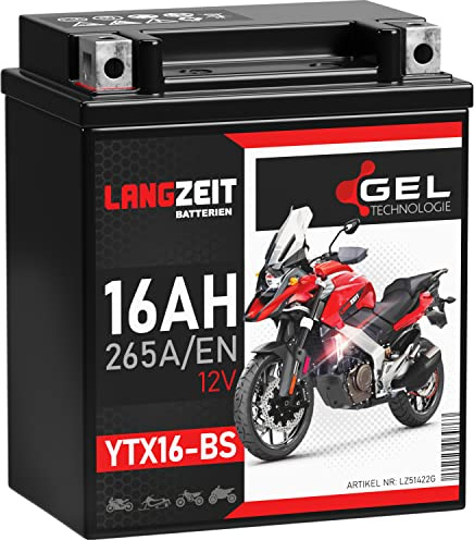 LANGZEIT YTX16-BS batteria moto 12V 16Ah GEL 51422 YTX16-4 YTX16BS 14Ah