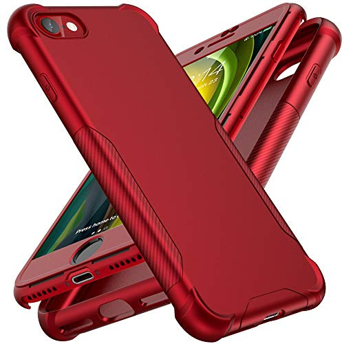 ORETECH Handyhülle für iPhone SE 3 2022/2020, 7/8 Mit [2X Displayschutzfolie] 360 Grad Stoßfest Schutzhülle Silikon Hard PC Case, Rot