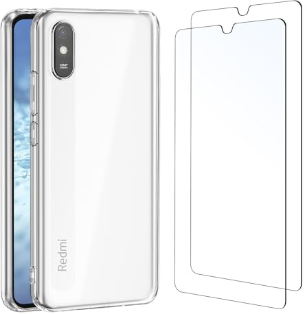 NEW'C Funda para Xiaomi Redmi 9A Carcasa Silicona Transparente Alta y 2X Protector de Pantalla para Xiaomi Redmi 9A Cristal Templado - Antiarañazos