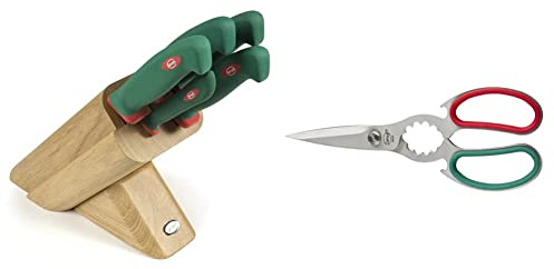 Sanelli 931605 Ceppo Coltelli Leck, Legno, Verde/Rosso, 5 unità & Premana Professional Forbice Cucina, Acciaio Inossidabile, Verde/Rosso, 21.0x1.0x7.5 cm