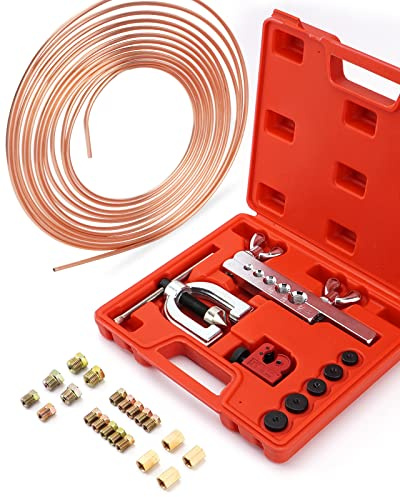 Racewill 25 ft 3/16 Copper Coated Brake Line Kit (Includes 16 Fittings and 4 Unions Brake Line Fittings) + Double & Single Flaring Tool Kit