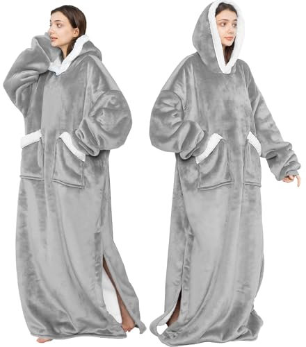 Coperta con Cappuccio in Flanella, TV Oversize con Maniche e Tasche Giganti, Versatile per Uomini e Donne Adulti (Cenere)