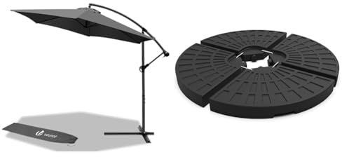 vounot parasol déporté hexagonale 3M avec Manivelle Anti-Retour inclinable Toile 180 gr/m2 & Dalle Lestage Base de Parasol en HDPE 4pcs à Remplir Protection UV