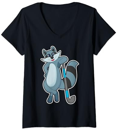 Damen Waschbär Feldhockey Feldhockeyschläger Sport T-Shirt mit V-Ausschnitt