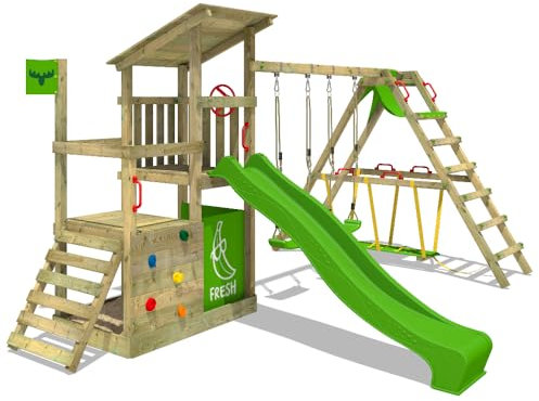 Fatmoose FruityForest Fun XXL Play Tower Climbing Frame with Surf Attachment, Swing & Apple Green Slide, Outdoor Children's Climbing Tower with Sandpit, Ladder & Play Accessories for the Garden
