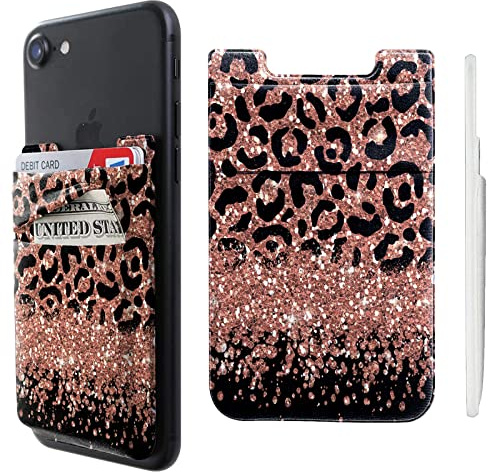 Klebe Handy-Brieftaschen-Hülle zum Aufkleben, Doppelfach, Lycra, Kreditkartenhalter, kleine Brieftasche, Leoparden-Glitzer-Design, für iPhone, iPad, Samsung, Galaxy, Android-Smartphones
