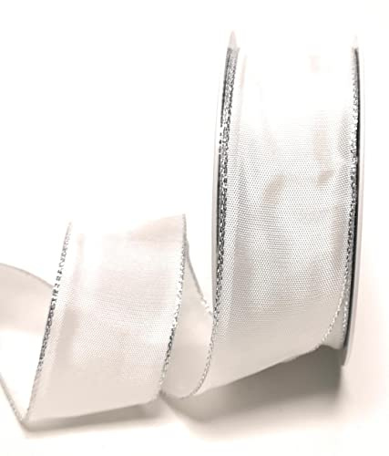 s.dekoda Schleifenband 25m x 40mm Weiß - Silber Drahtband Geschenkband Dekoband [5121]