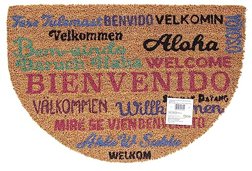 Felpudo de Coco Natural con Base Antideslizante, Absorbente para la entrada de casa, puerta exterior o pasillo. 3 tamaños y varios diseños disponibles (Semiluna 60x40cm, Bienvenido internacional)