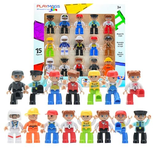 Playmags Großes Magnetfiguren-Gemeinschaftsset mit 15 Teilen – 3 Zoll große Spielfiguren, perfekt für magnetische Spielzeug-Bausteine ​​– Mint-Lernspielzeug für Kinder – Magnetkacheln