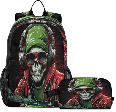 LINNIKEEEE Dj Di Musica In Stile Natalizio Set Zaino per Studenti Borsa per Il Pranzo,Borsa Scuola Leggera Resistente per Ragazzi Ragazze