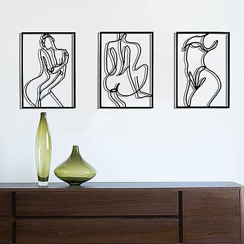 Wanddeko Metall Moderne 3 Stück Wandskulpturen mit Abstrakter Frau abstrakt einzeilig feminin Wandbehang Skulpturen Akzent für Schlafzimmer Küche Badezimmer Wohnzimmer