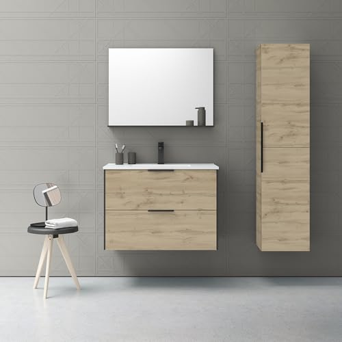 AMIZUVA - Conjunto de Mueble de Baño Serie Indus con Tirador Oculto y Acabado Roble Colonial - Dimensiones 80x56,5x45 cm