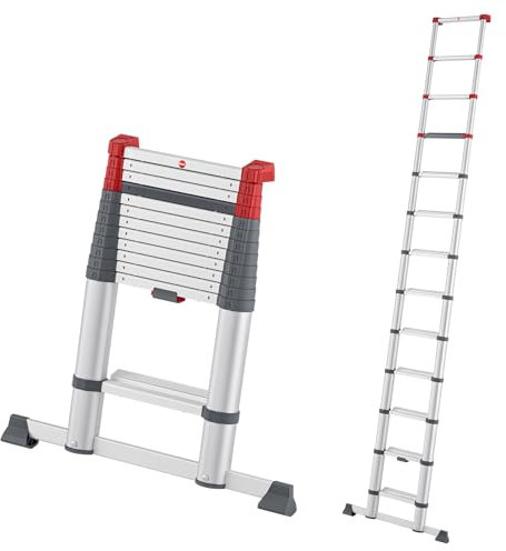 Hailo Master T100 FlexLine Sicherheits-Teleskopleiter - ausziehbare Leiter aus Aluminium mit bis zu 13 Stufen - max. Arbeitshöhe bis 470 cm - belastbar bis 150 kg - Silber