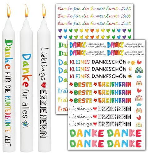 BETESSIN 2 Bögen Kerzentattoos Erzieherin Geschenk Weihnachten Abschiedsgeschenk Erzieher Bunte Kerzen Tattoo Aufkleber Kerzenfolie Danke Wasserschiebefolie Sticker für DIY Stabkerze Kindergarten Kita
