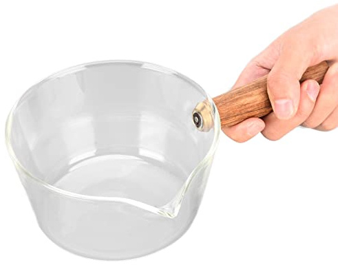 CHFYIJYHM Noodle Pot Clear Glass Pot Milk Pan with Wooden Handle Borosilicate Glass Saucepan Glass Measuring Cups Frothing Pitcher for Kitchen Restaurant Glass Pan(400ml)