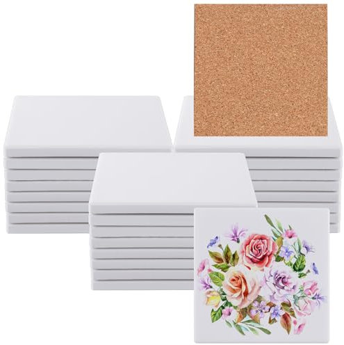 MEIDIV Set of 15 Ceramic Coasters, Sublimation Blanks, Sublimation Coasters Cork Backed, Plain White Ceramic Coaster Tiles for Crafts, Personalised Coasters for Alcohol Ink, Painting, DIY, Art