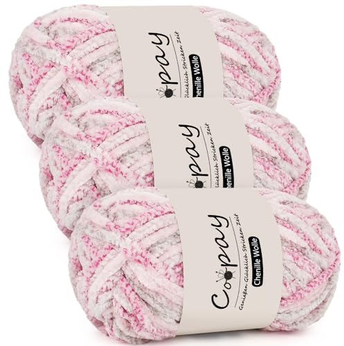 Coopay Chenille Wolle zum Häkeln, 3x100g Samtig Chenillegarn, Dicke Flauschige Weiche Garn, Wolle für Decken, Schals - Rosenliebe