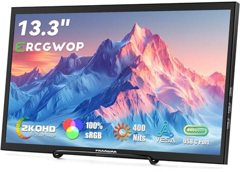 ERCGWOP Portable Monitor 13.3 2K QHD 2560 * 1440P Portable Display IPS Panel Thin Lightweight Monitor with USB Type-C HDMI Monitor for PS4/XBOX/Switch/PC/Mac