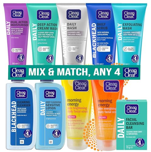 Clean & Clear Daily Essential Skin Care Bundle | Facial Scrub, Lotion, Cleanser, Moisturiser, Cream Wash, Soap Bar | Pick Any 4 to Create Your Personal Skincare Set | 4 Pack