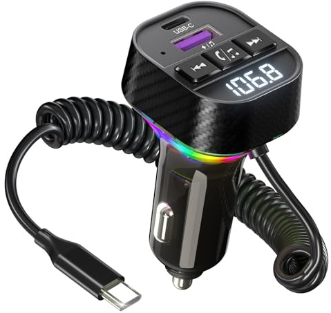 Transmisor FM Bluetooth 5.3,Cargador de Coche Rápido 60W Radio FM Adaptador con Cable Enrollado USB-C Micrófonos Duales y HiFi Bajos, Llamadas Manos Libres,Luz Led