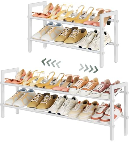 FAVOOSTY 2 Ebenen Schuhregal Metall Ausziehbares Weiß, Verstellbar Platzsparend, Shoes Rack, Robustes Schuhständer für Eingangsbereich, Schlafzimmer