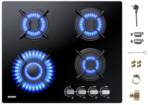 WEHIMO Gaskochfeld 4 Flammig, Glas Einbau-Gaskochfeld, 59cm, 7800W, 4 Kochzonen (3300W+1750W+1750W+1000W), 4 Zonen Gaskochfeld für Propangas und Erdgas, Schwarzes Glas, Geeignet für Alle Töpfe