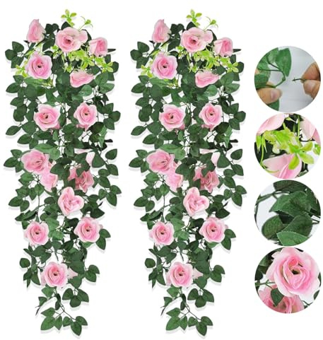 AIMUMEIF 2 Stück Künstliche Hängepflanzen Kunstblumen Hängend Rosen 90cm Kunstpflanze Hängend Plastikblumen Hängeblumen Künstlich Hängepflanzen für Außen Innen Hochzeit Terrasse (Rosa)
