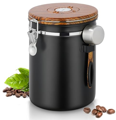 Boîte à café hermétique de 1 kg de grains, 2,8 l, en acier inoxydable, avec couvercle en grain de bois, boîte à café sous vide avec valve CO2, cuillère doseuse et affichage de la date, boîte de