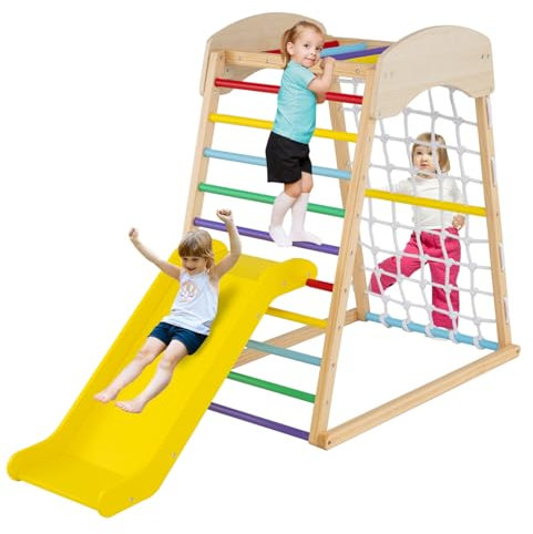 Maxmass 4 in 1 Kids Climbing Frame, Wooden Toddler Climbing Set with Adjustable Slide, Climbing Net, Indoor Outdoor Children Climber Montessori Jungle Gym Pikler Playground for 1+ Years Old