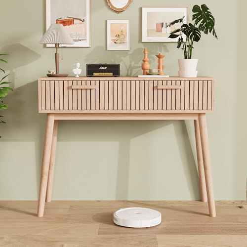 MISNODE Table Console avec 2 Tiroirs, Table d'Appoint Étroite pour Entrée, Meuble d'Accent en Bois pour Couloir, Salon, Chambre, Naturel (100 x 35 x 80cm)
