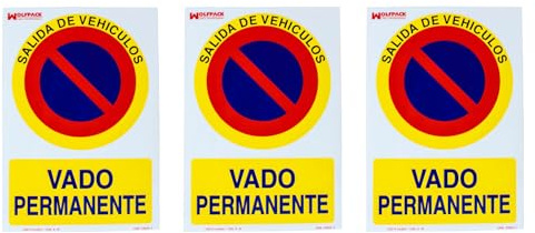 3 carteles de Vado Permanente, Señal de Prohibición, Salida de Vehículos, 21 x 30 cm, UNE 23035-4 Pack ahorro 3 uds
