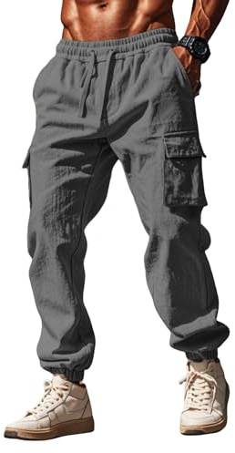 Leinenhose Herren Hose Chino Cargo Hose Leicht Weisse Jogginghose Freizeithose Männer Yoga Sommerhose mit Taschen Sporthose Casual Sweatpants