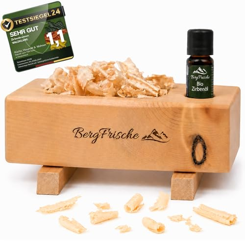 Duftspender aus Zirbenholz - 10 ml Bio Zirbenöl - Zirbenspäne - Raumduft für Schlafzimmer - Woodwork Aroma Diffuser - natürlicher Zirbenduft - Holzdeko