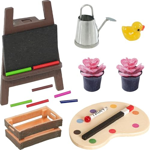 Wichtel Zubehör Mal Kunst Set, 12 Stück Wichtel Zubehör Malen, Wichtelzubehör für Weihnachten Wichteltür Deko und 1/12 Puppenhaus, Wichteltür Zubehör mit Kleine Ente Staffelei Gießkanne Topfpflanze