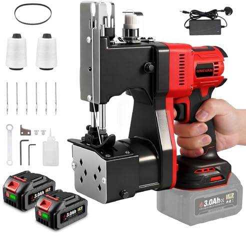 ONEVAN Cordless Bag Closing Machine with 2 Bundles of Thread, Portable Brushless Bag Sewing, 0.2-6mm Thickness, Automatic Thread Cutting, 2 * 3.0Ah Battery for Sack/Rice Bags/Paper