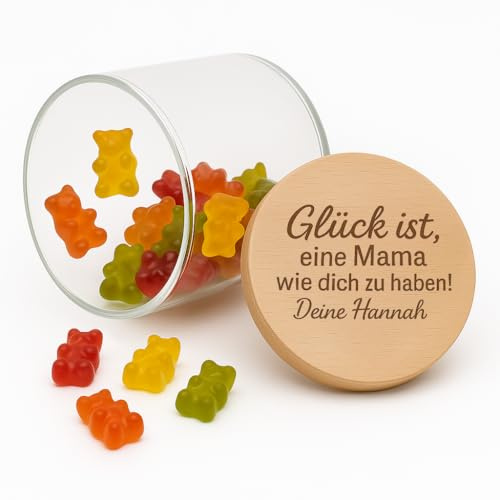 Happy Box® Personalisiertes Vorratsglas mit Gravur – Geschenk Mama – Muttertagsgeschenk – Glas mit Deckel – Geschenkidee Küche – personalisiertes Glas – Mama Glas (Glück ist eine Mama, klein - 200ml)