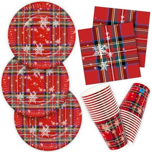 HNH Lot de 52 Assiettes en papier de Noël Rouge écossais avec Serviettes et Gobelets en papier jetable Vaisselle de fête