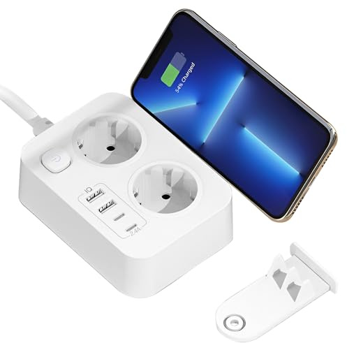 Nzkeuf Regleta Enchufes con USB, Alargador Enchufe Plano con Interruptor, Portátil Extension Electrica, Pared Enchufe Multiple con Proteccion Sobretension y Cable 1.8m para Oficina, Hogar y Viaje
