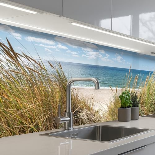 KitchenYeah© Spritzschutz Küchenrückwand Selbstklebend Küche Rückwand | 60x200 cm - Küchenwand Wand Küchenfront Verkleidung Küchenspritzschutz Düne - Gras - Meer - Strand