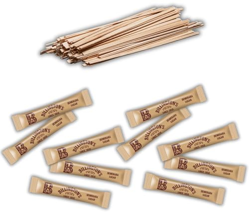 300 Pack: 200 Billingtons Brown Sugar Sachets + 100 Wooden Coffee Stirrers – Individual Brown Sugar Sticks for Coffee & Tea, Fairtrade Catering Sugar Portions, Eco Friendly Biodegradable Stir Sticks
