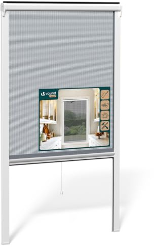 VOUNOT® Insektenschutzrollo Fenster mit PVC Rahmen, Fliegengitter Rollo mit Fiberglas Netz, zuschneidbar in Höhe und Breite, einfache Montage, L80 x H130 cm Weiß