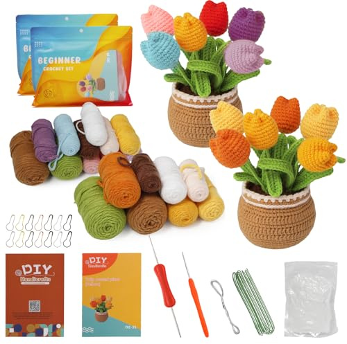 2 Stück Tulpe Häkelset für Anfänger Blumen Häkeln mit Video Anleitung | Diy Häkeln Erwachsene Komplett Amigurumi Set, Häckel Kit mit Häkelnadeln Garn Füllung Handnähnadel Stichmarkern